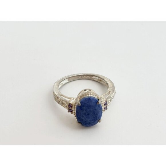 Lapis Lazuli Oval Cut Ornate Cutout Sterling Silver Vintage Ring - sz 4.75 - Picture 6 of 10